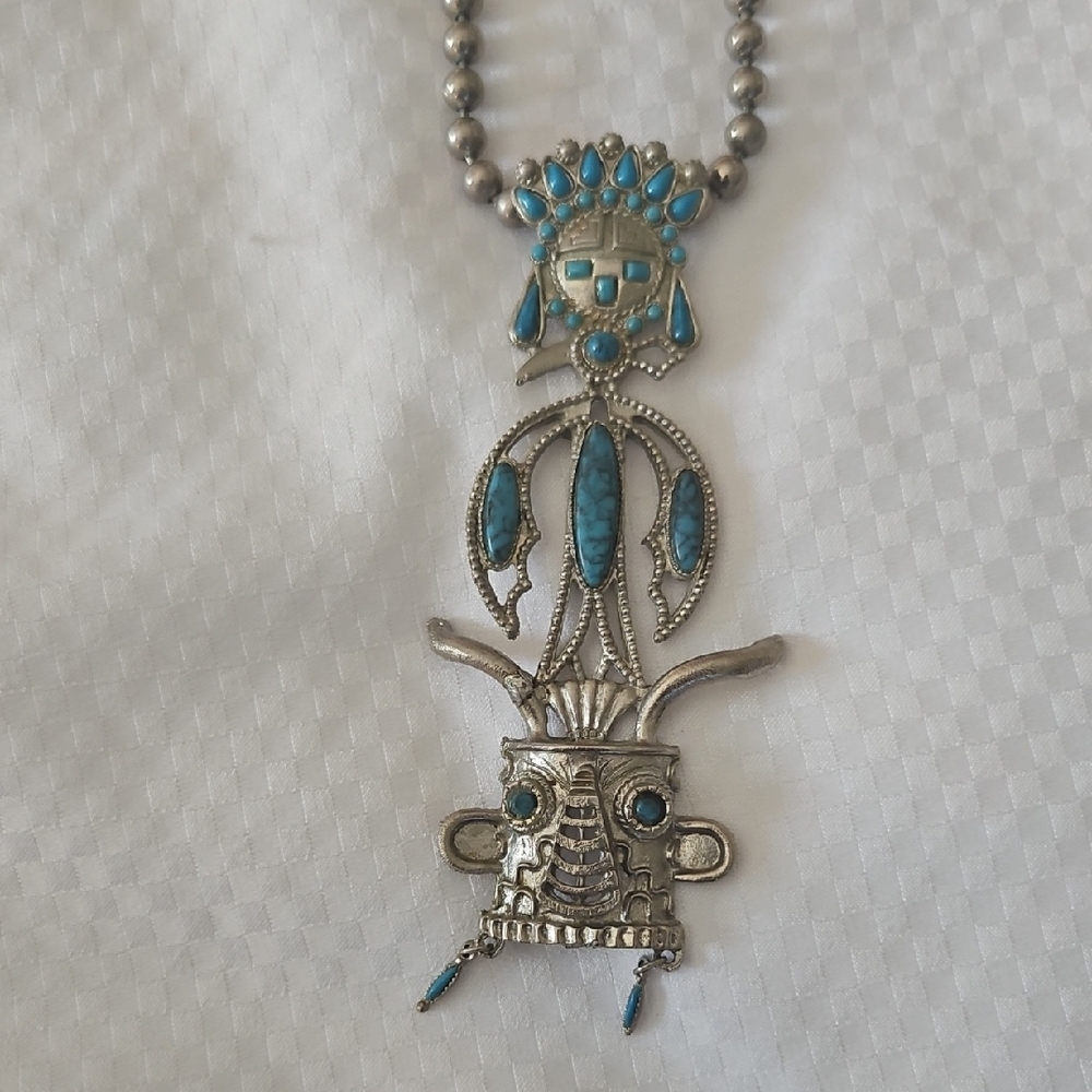 RARE Turquoise & Silver Tribal Pendant Necklace Unique